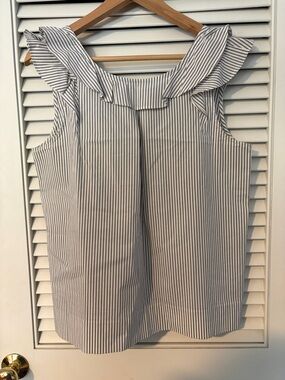 J. Crew White and Navy Pinstripe Ruffle Neck Sleeveless Top
